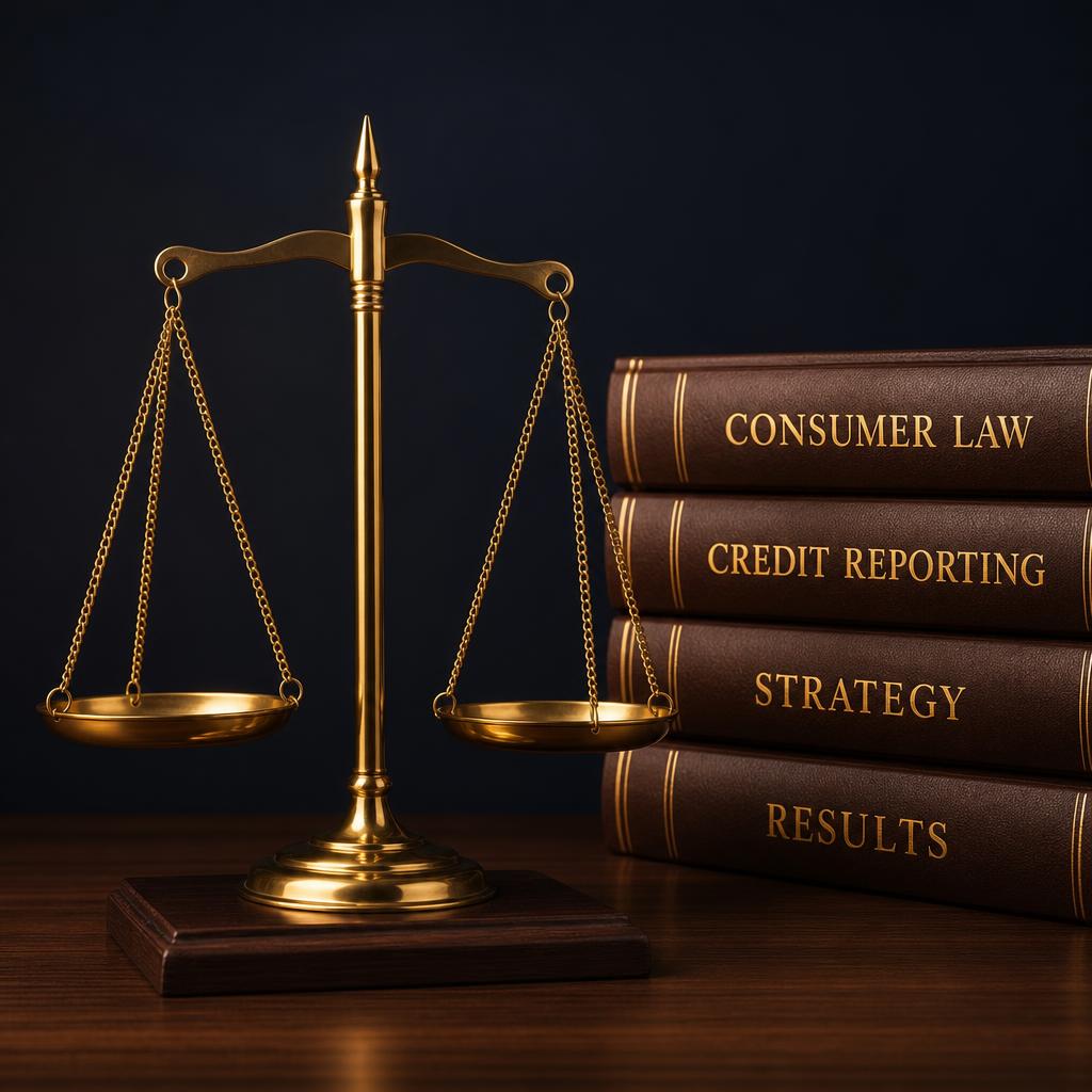 Gold scales of justice beside leather-bound law books on consumer law, credit reporting, strategy and results